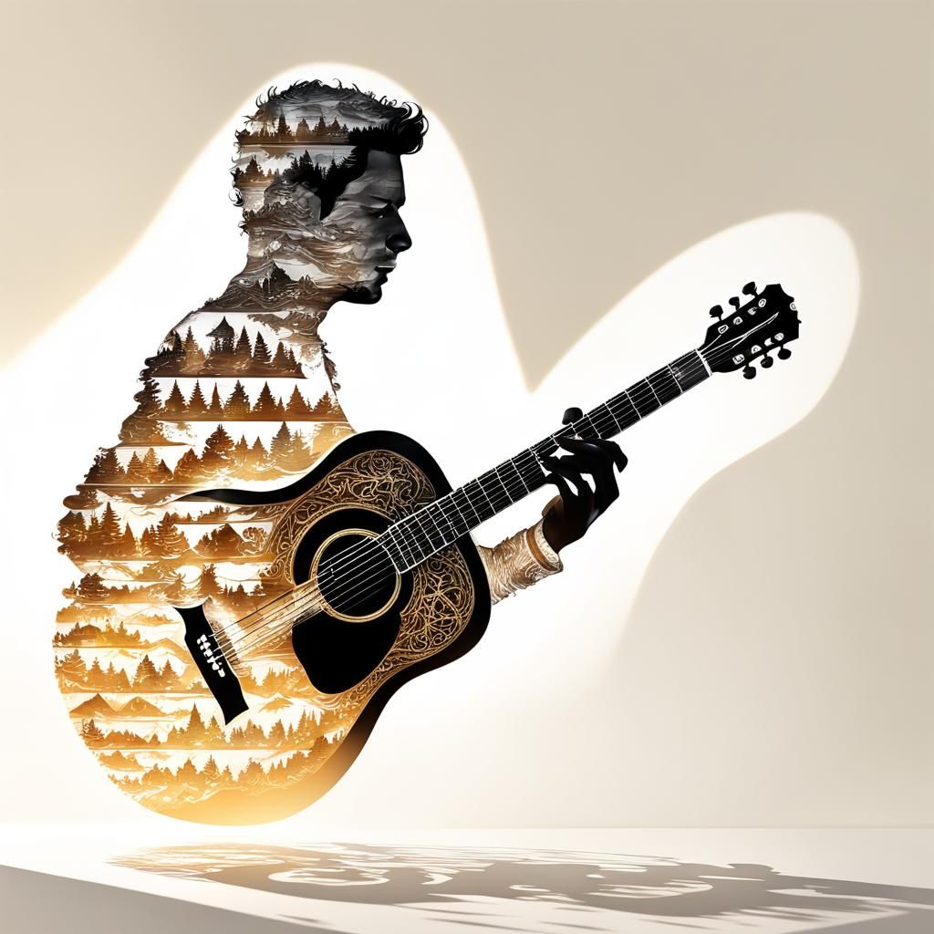 double exposure acoustic guitar played by the silhouette of ...