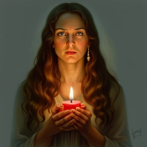 Sad Woman Holding Candle in Ethereal Oil Painting