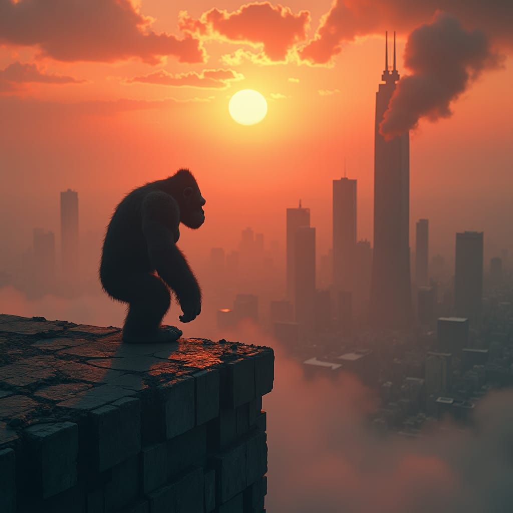 Kong Overlooks Ruined Cityscape at Sunset