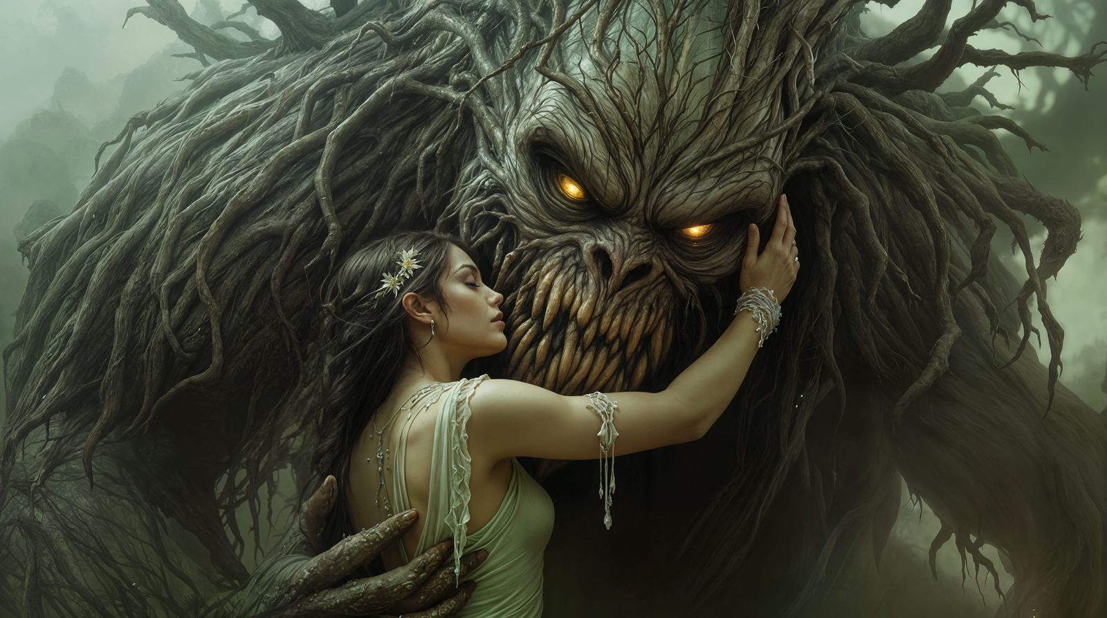 Ethereal Fantasy Painting of a Woman Embracing Swampthing