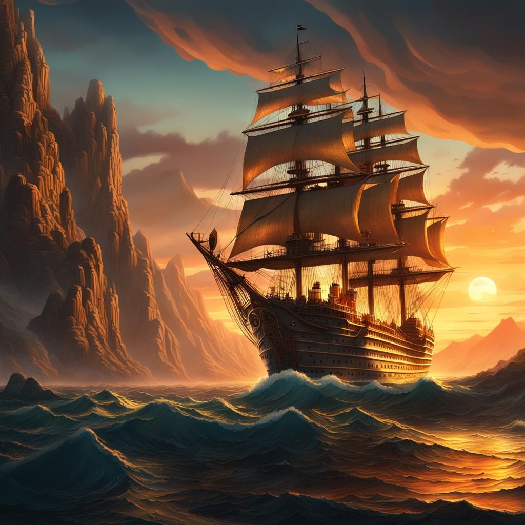 Ocean Mountains: Ship at Sunset in a Fantasy Realm