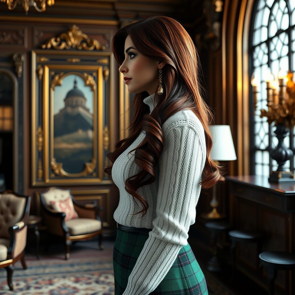 Regal CEO in Dark Auburn Hair and Cableknit Sweater, Rendere...