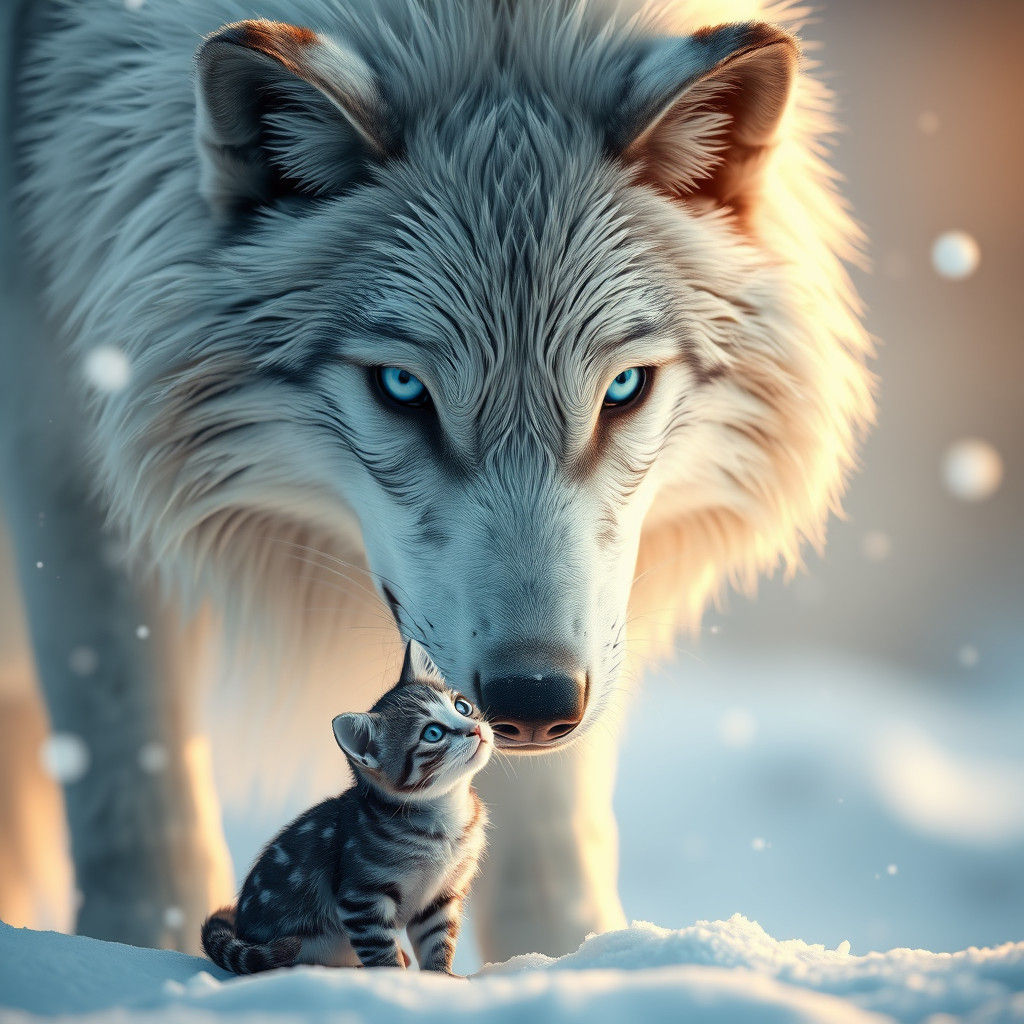 Wolf and Cat Face-Off in Winter Wonderland