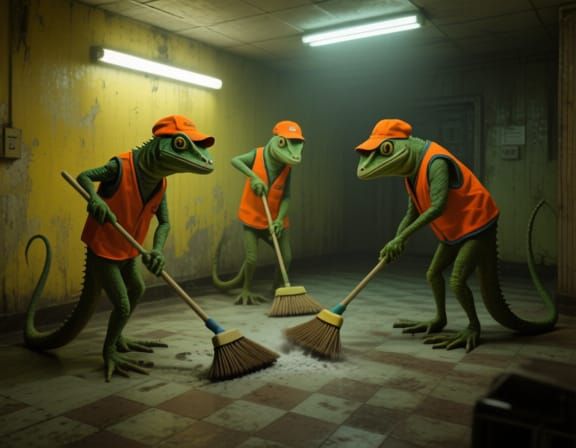 Anthropomorphic Lizards Clean Eerie Backrooms Interior
