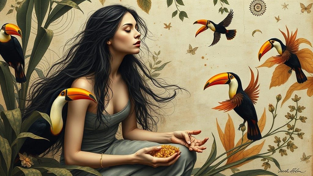 Serene Woman Amongst Tropical Birds and Flowers in Dreamlike...