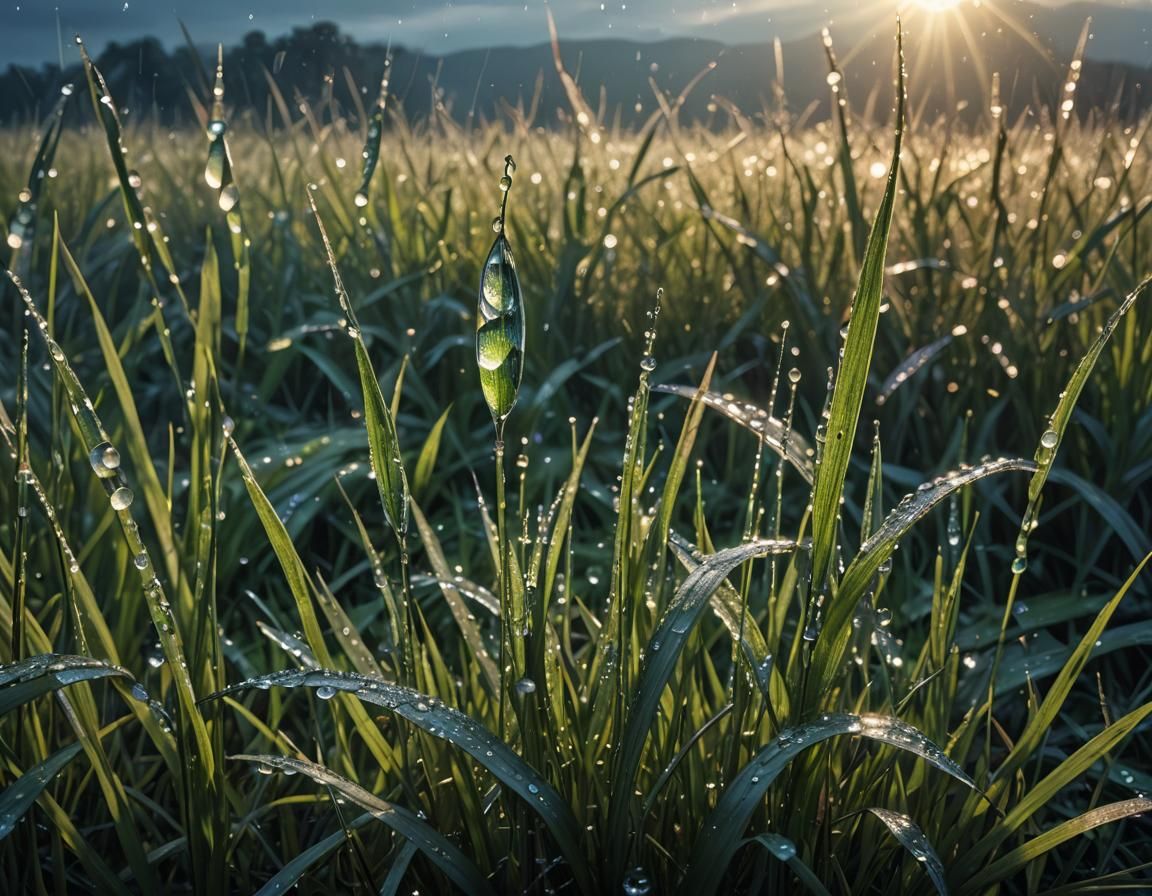 Dew Drops on Grass: Cinematic Digital Art