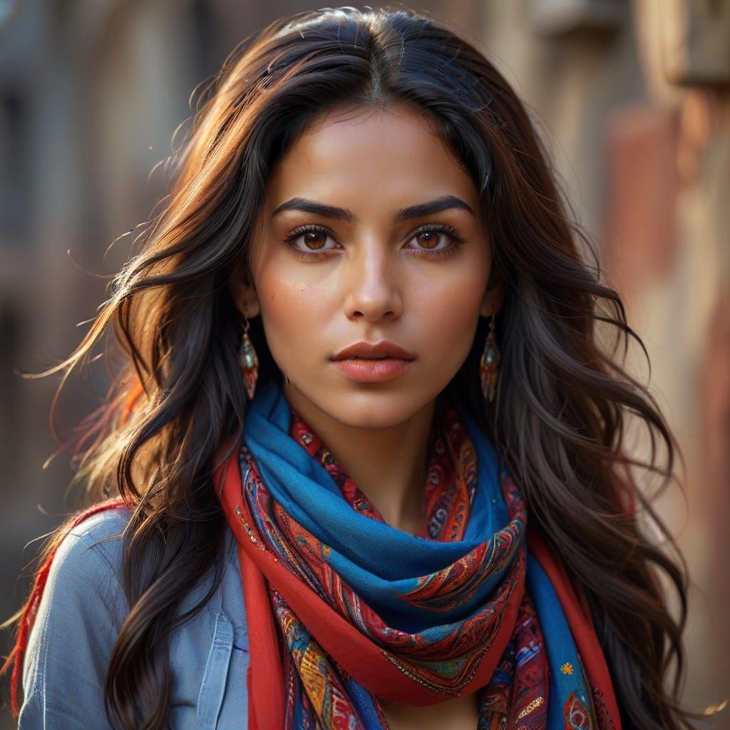 Hyperrealistic Portrait of a Romani Woman in Colorful Attire