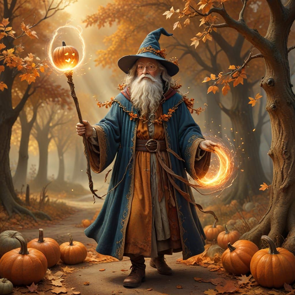 Wise Wizard with Glowing Staff in Autumn Storybook Style