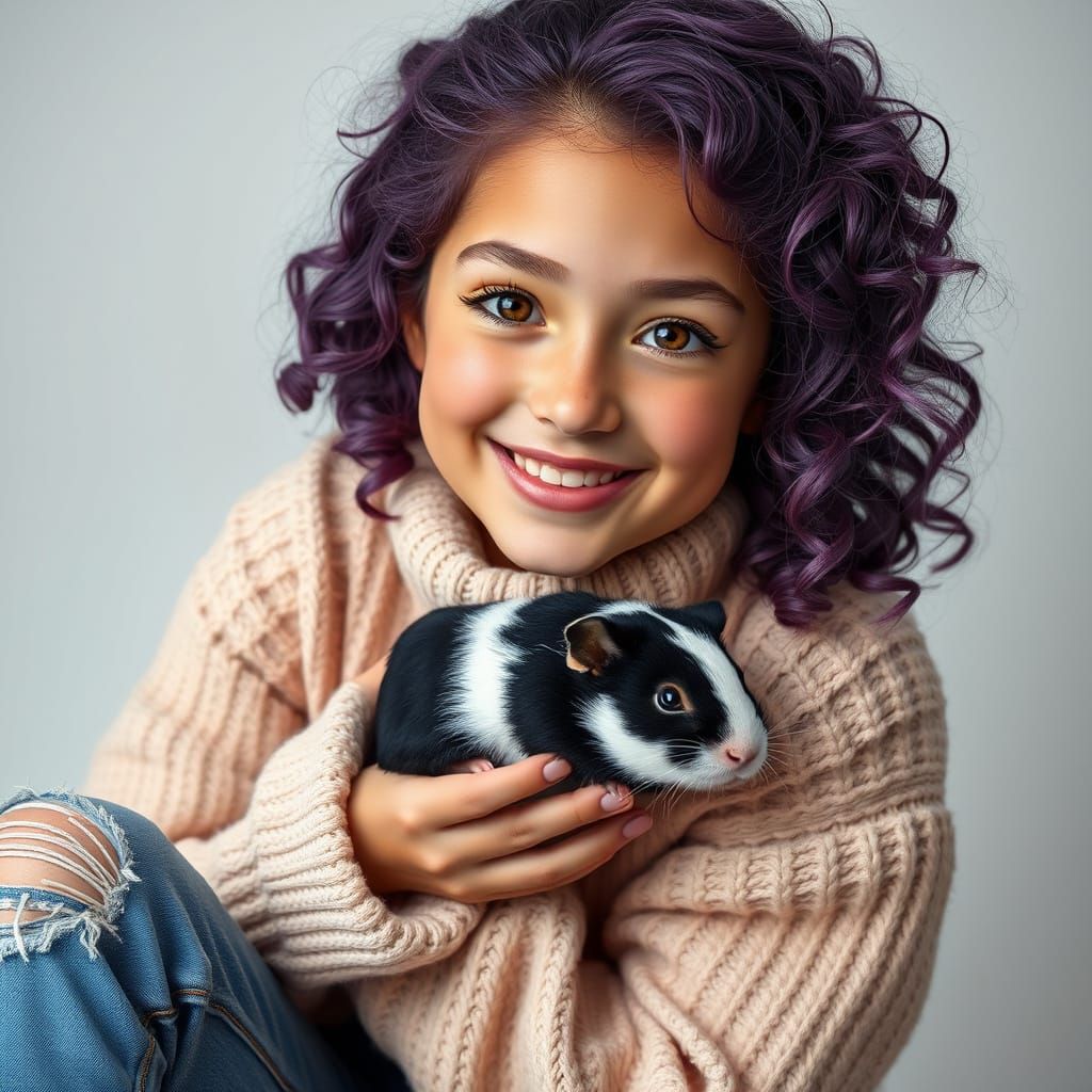 Sensual Teenage Girl with Curly Purple Hair and Adorable Gui...