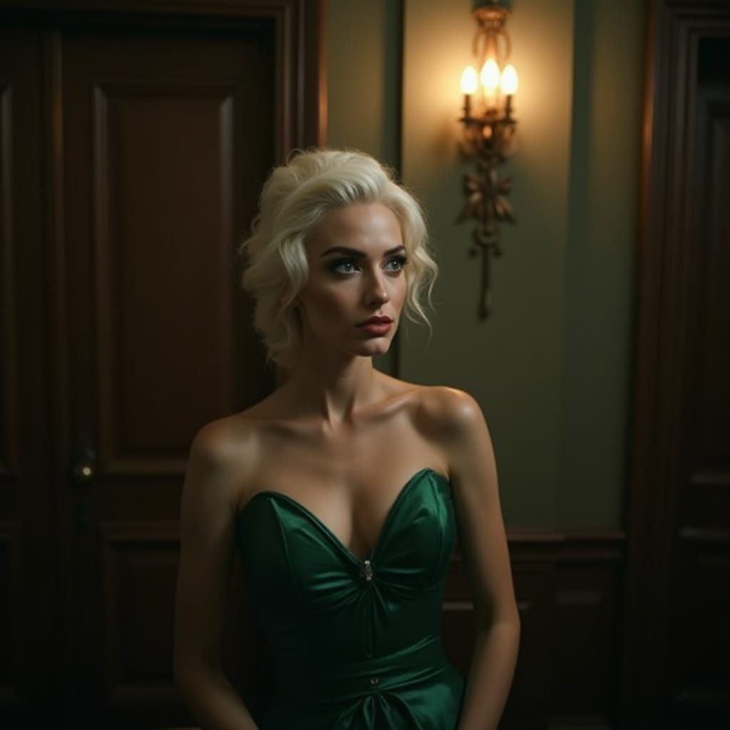 Elegant Woman in Emerald Gown, Cinematic Black & White Portr...