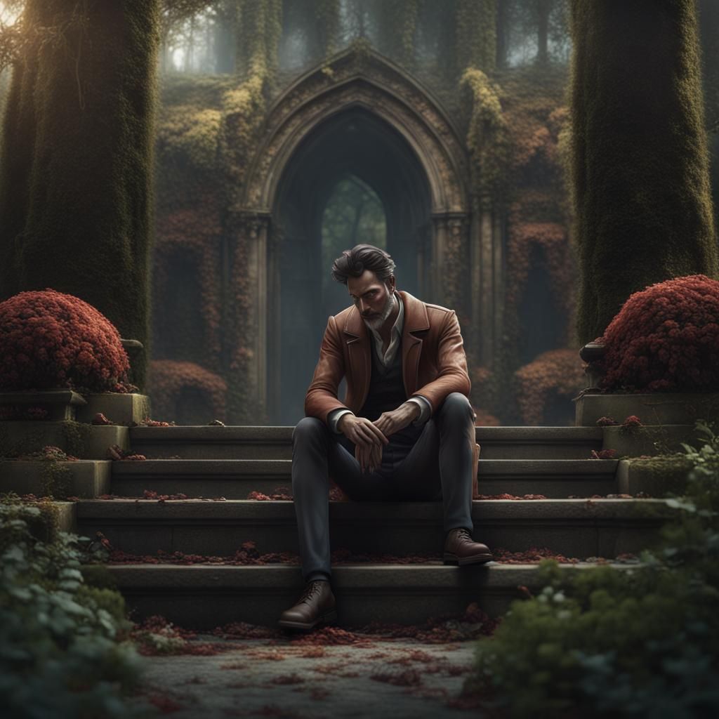 Mourning Man in Rainy Garden, Detailed Digital Art