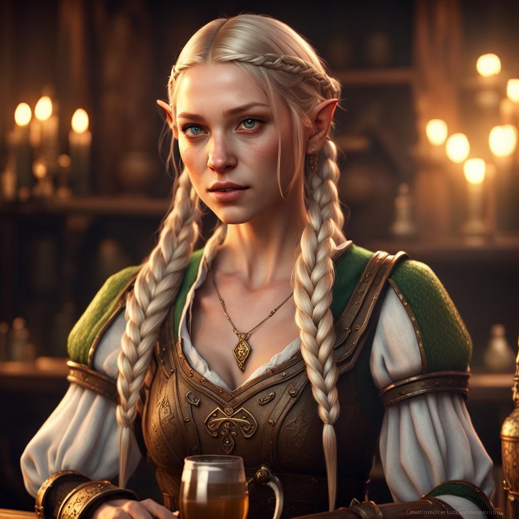 Medieval Elf Barmaid in Detailed 3D Game Style