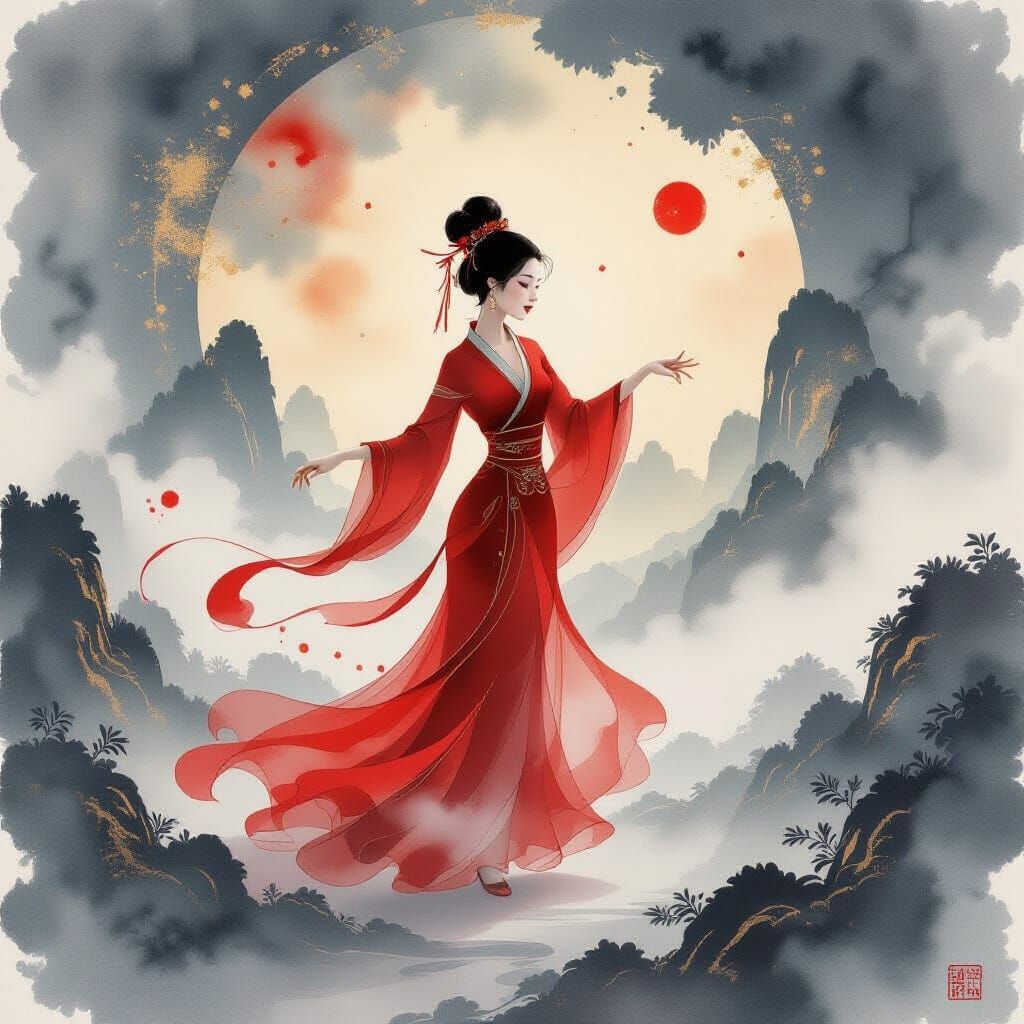 Dancing Lady in Celestial Ink Chinese Watercolor Style