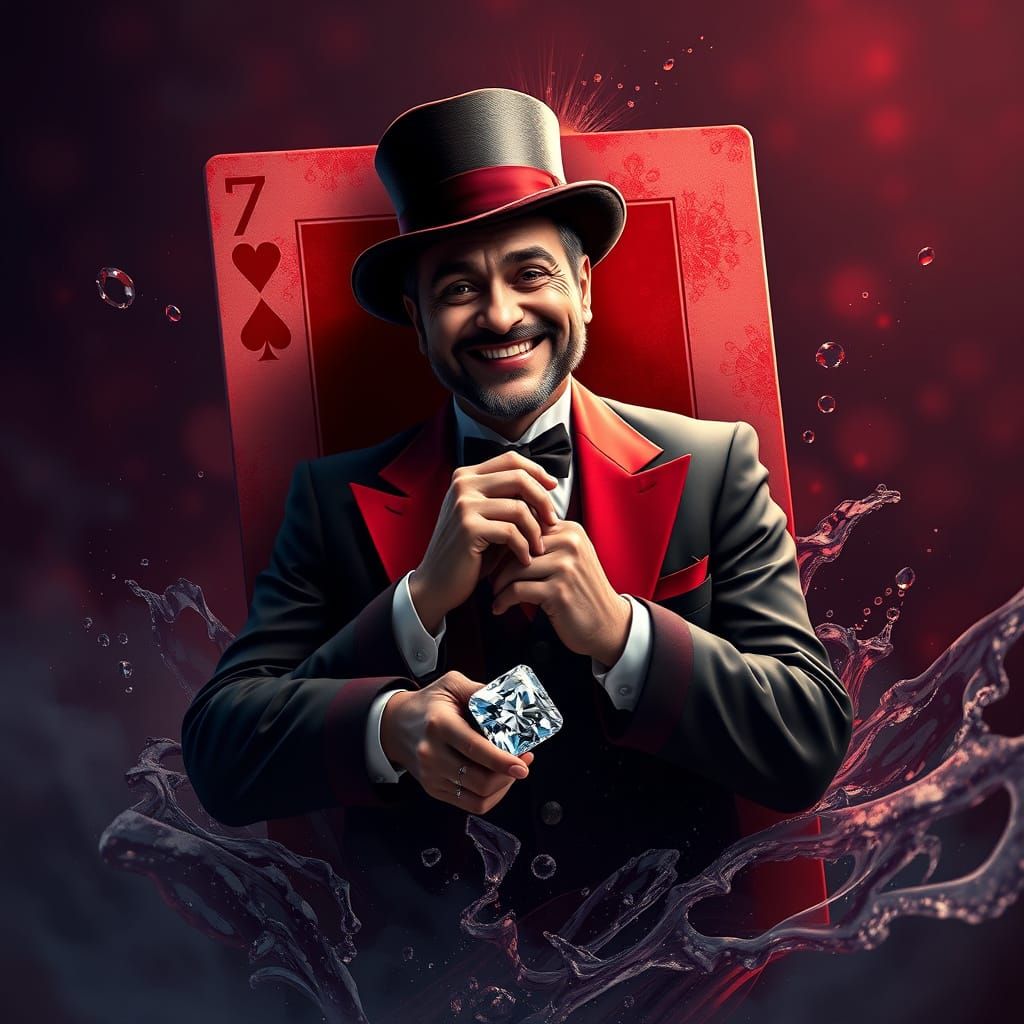 Man Emerges From Red Seven of Diamonds Card