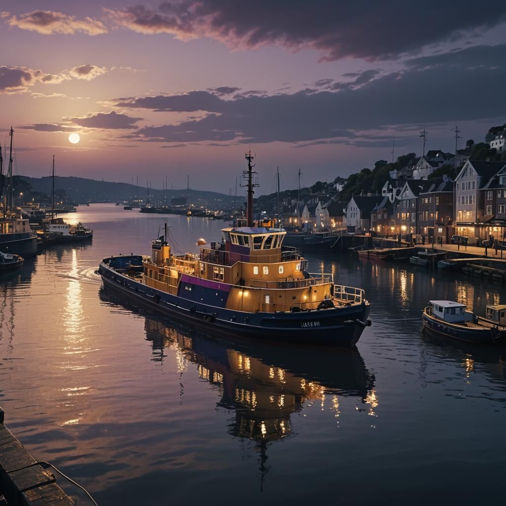 Tugboat in Harbour at Evening: Hyper-Realistic Digital Art