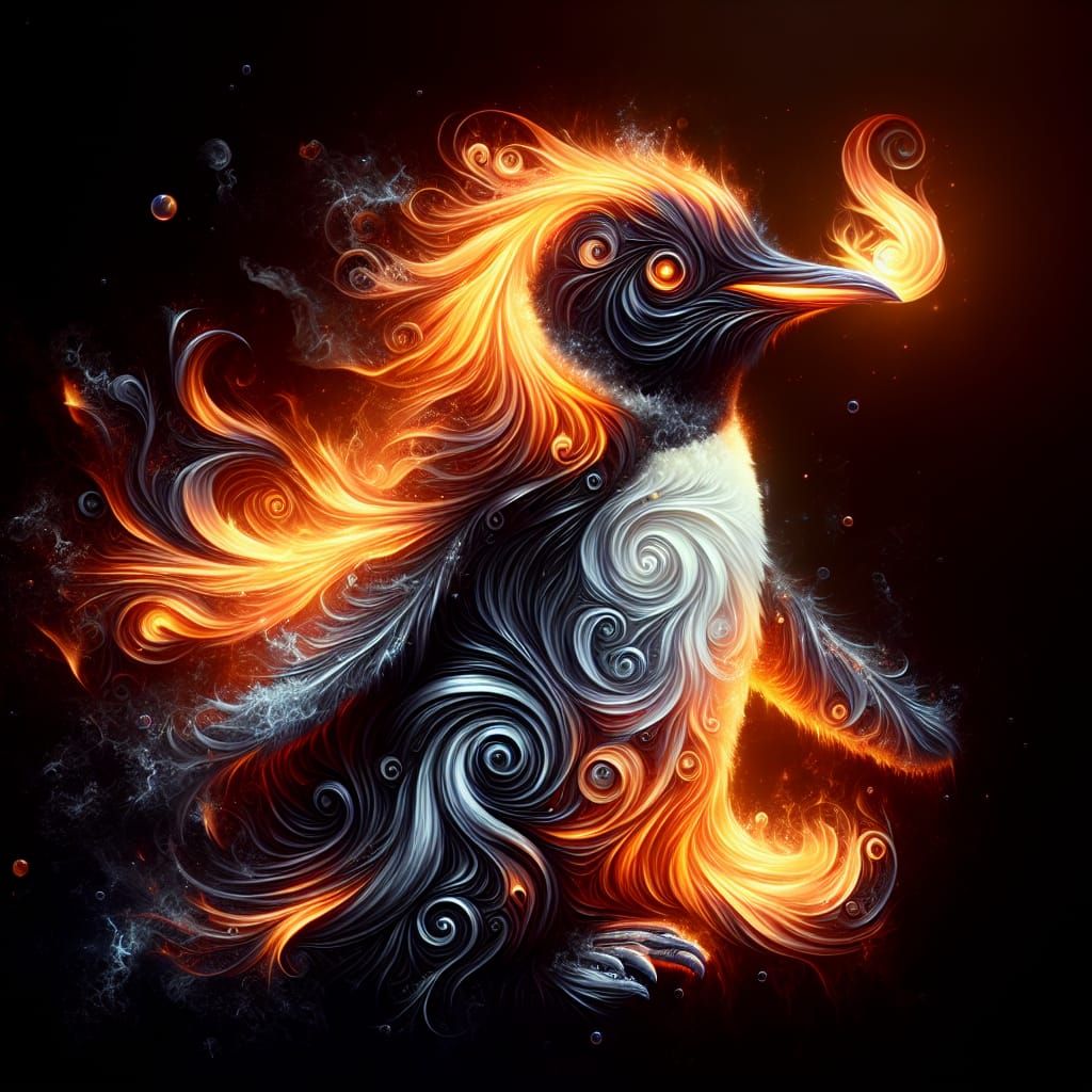 Fiery Penguin Concept Art in Matte Painting Style