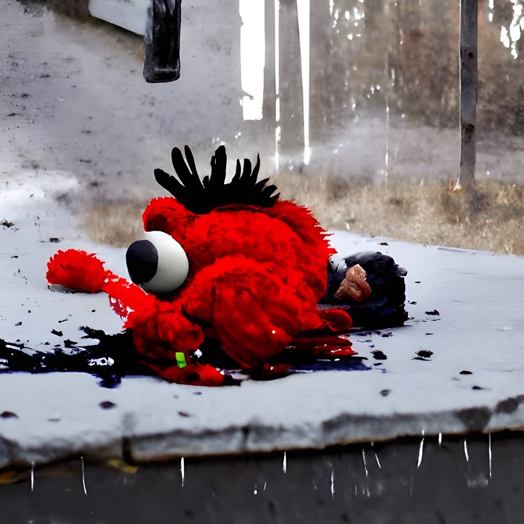Photorealistic Elmo Death Scene on Rainy Street