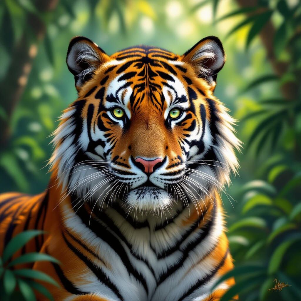 Vibrant Tiger in Lush Jungle, Hyperrealistic Digital Art