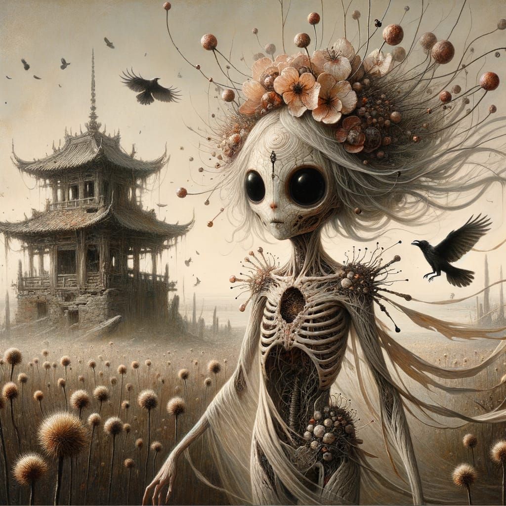 Gothic Alien-Hybrid with Porcelain Features in Ruined Temple