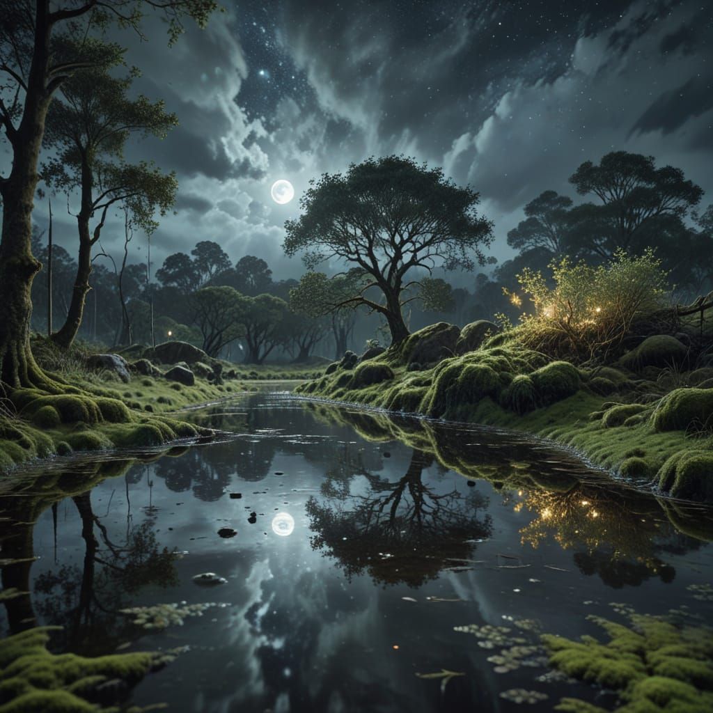 Gloomy Walden Pond at Night: An Oil Painting