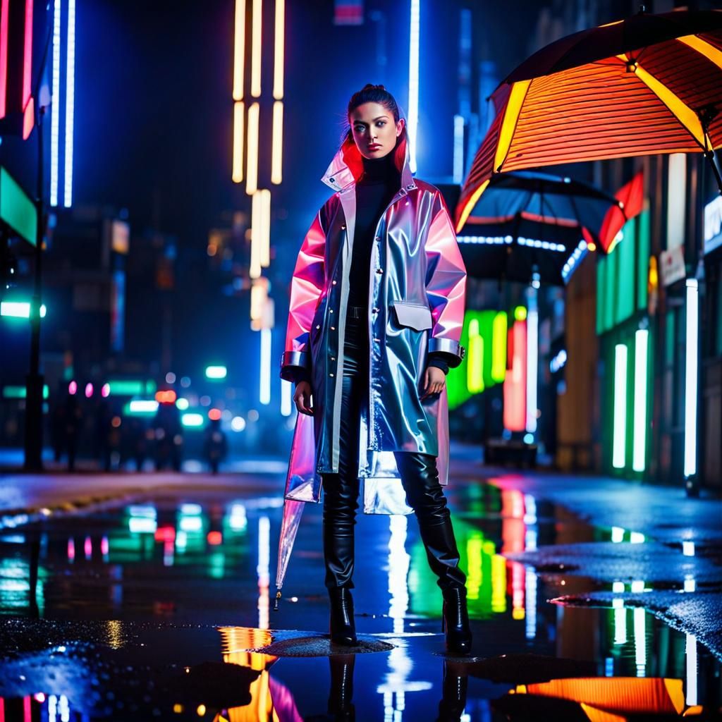 Cyberpunk Reflection: Neon Rain and Futuristic Cityscape