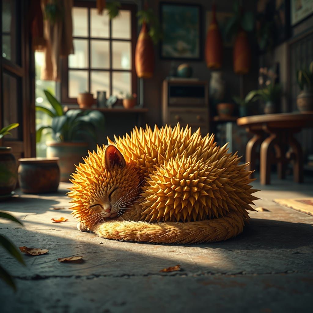 Futuristic Durian Cat in Vibrant Southeast Asian Home