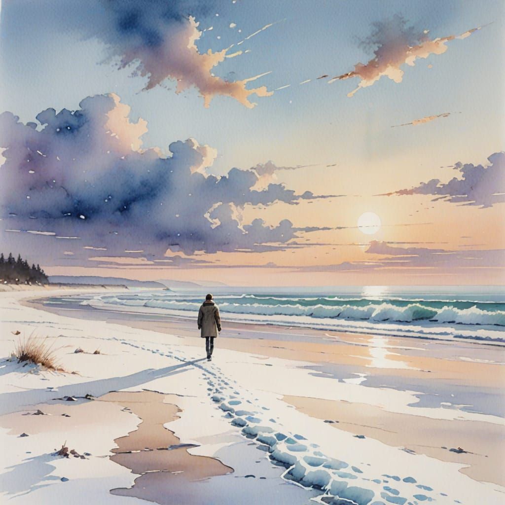 Winter Beach Scene in Watercolor Style