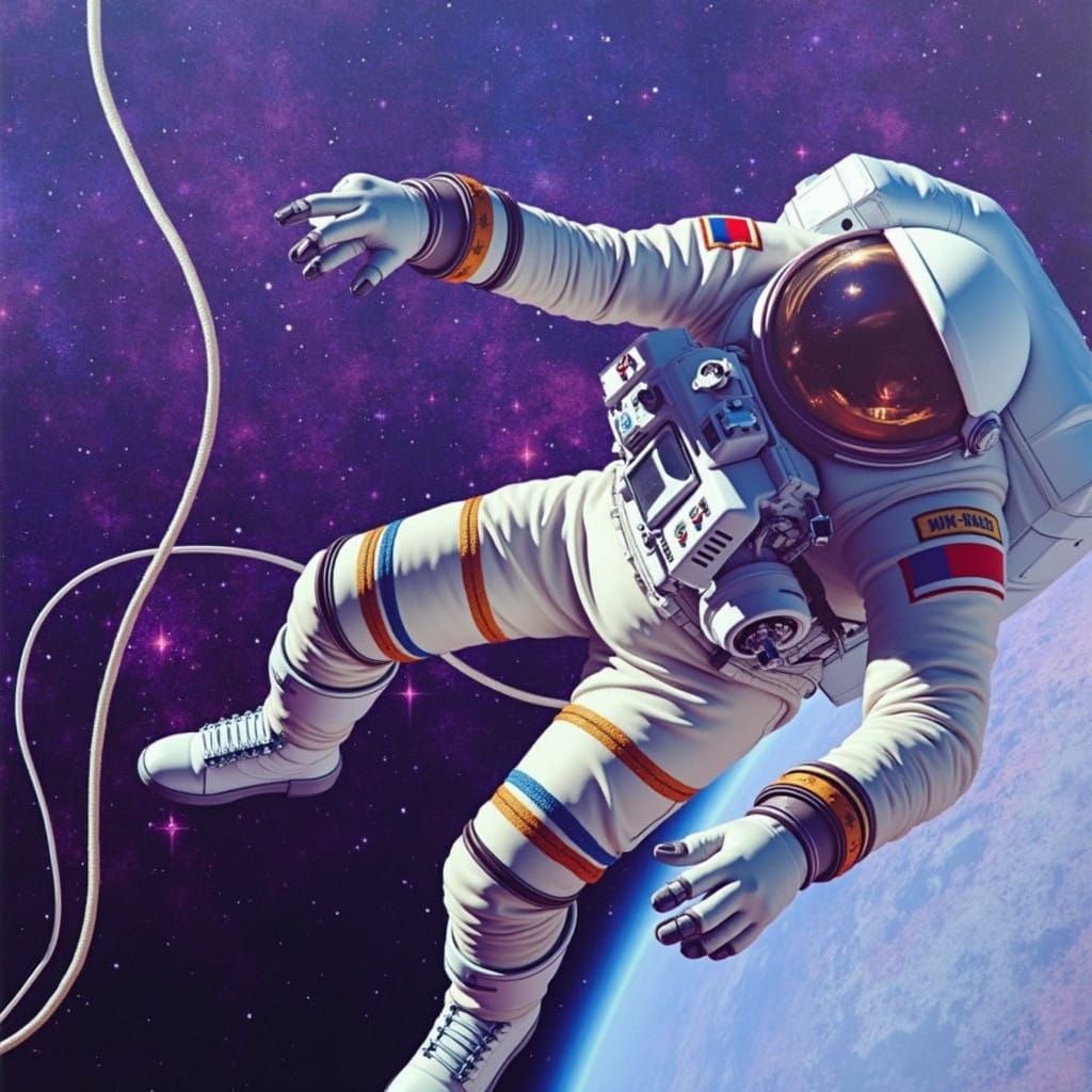 Glowing Astronaut Soars Above Vibrant Nebula in Retro-Futuri...