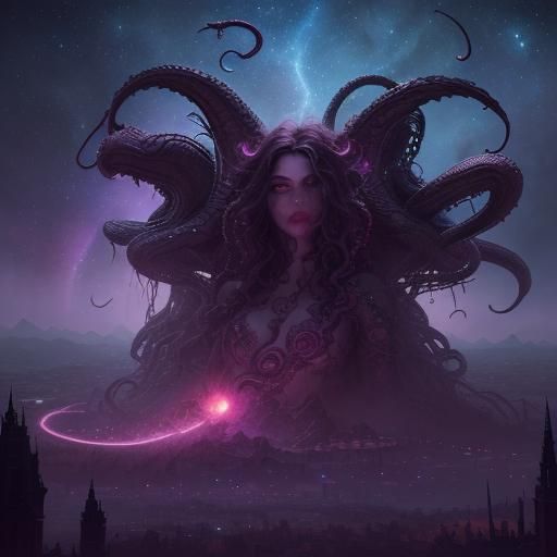 Surreal Woman Under Sky of Snakes: Fantasy Concept Art