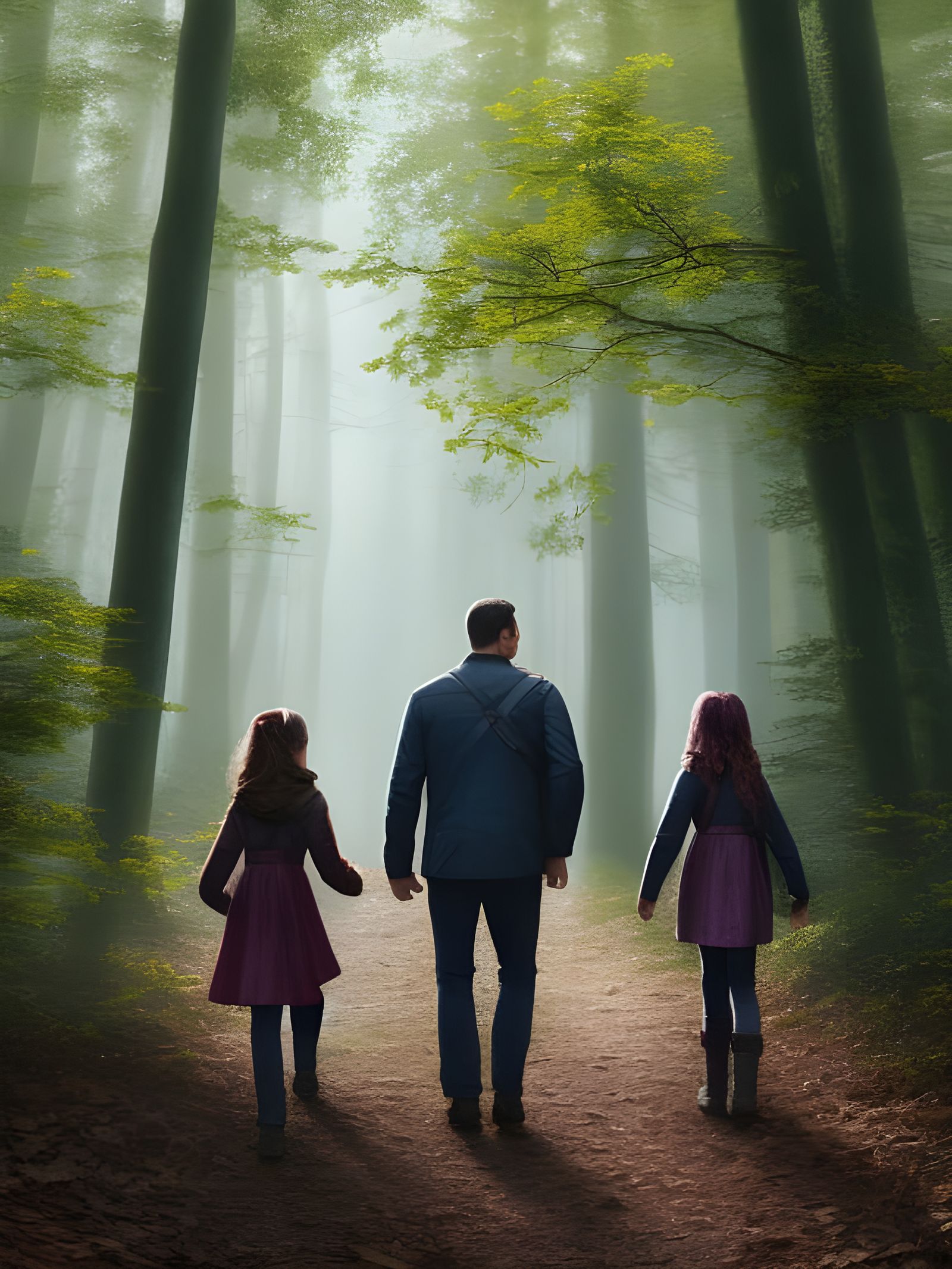 Father and Daughters Walking in Woods: Photorealistic