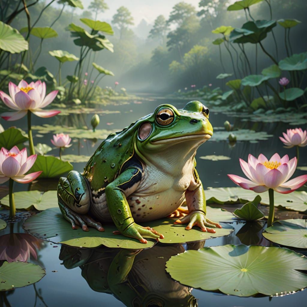 Surreal Watercolor Landscape with a Green Frog on a Lotus Fl...