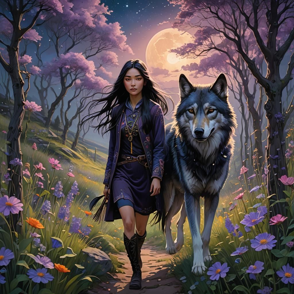 Girl and Wolf in Flower Field, Hyperrealistic Art