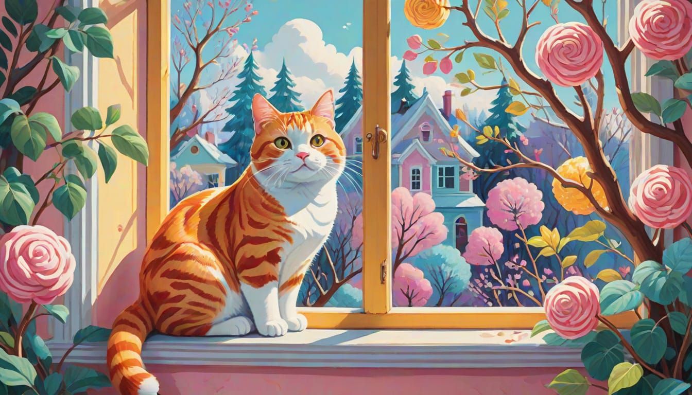 Whimsical Cats in a Vibrant Garden Scene