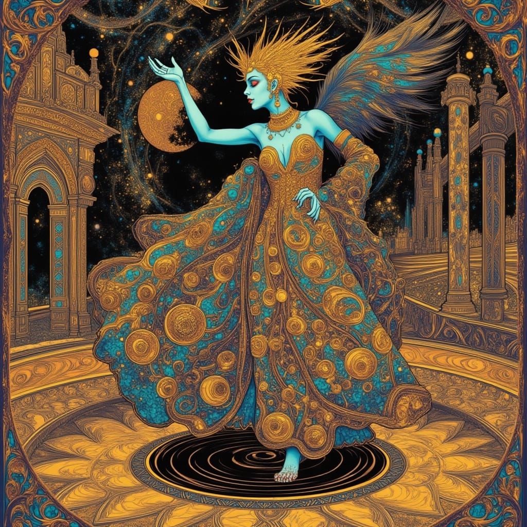 Alien Dancer in Dreamlike Escher-Inspired Landscape