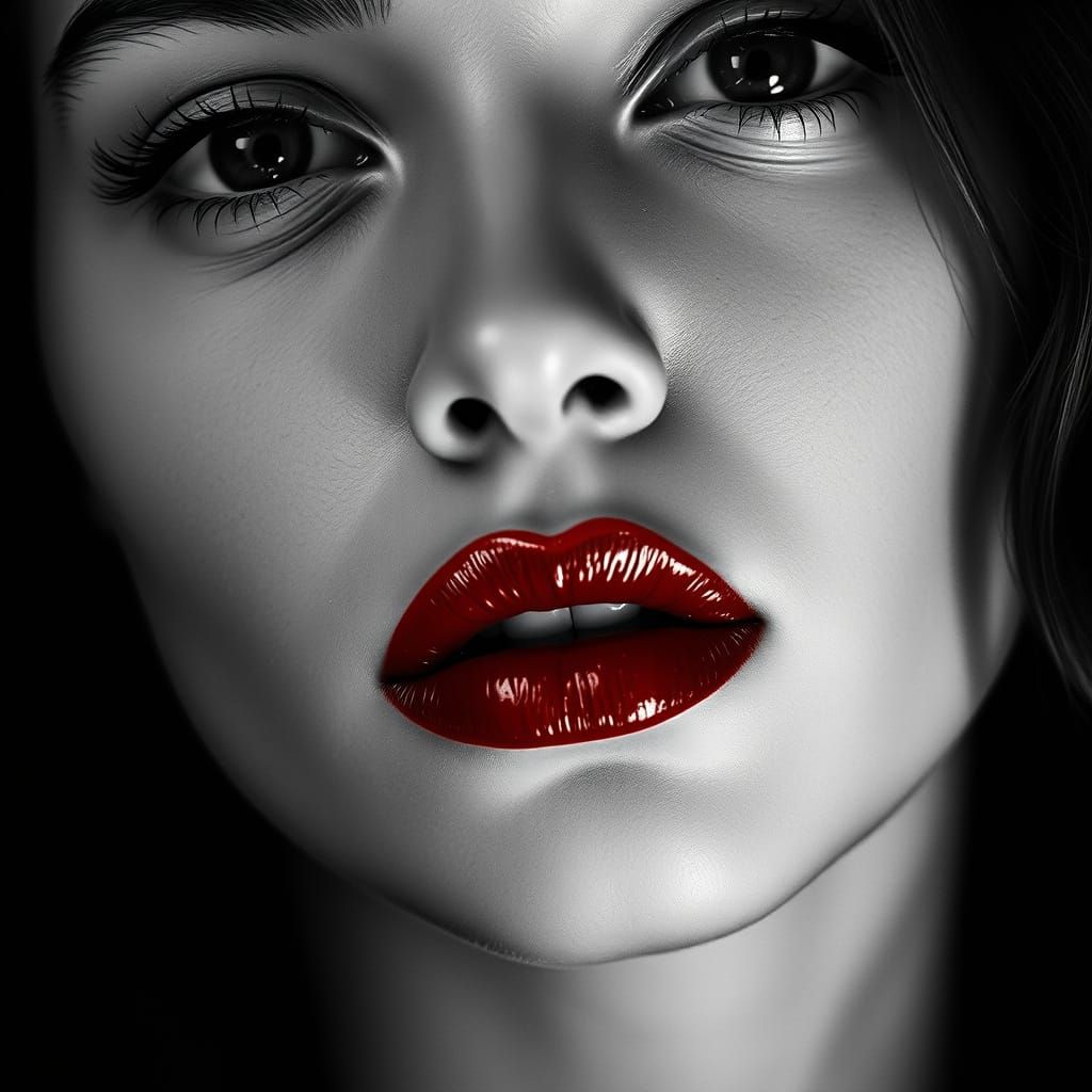 Monochrome Portrait of a Girl with Bold Crimson Lips