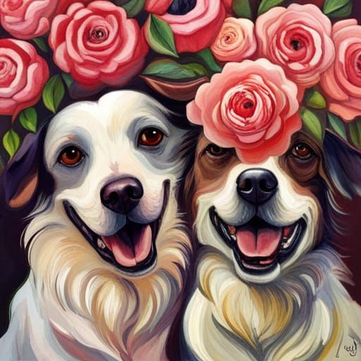 Laughing Dogs Covered in Roses: AI Art