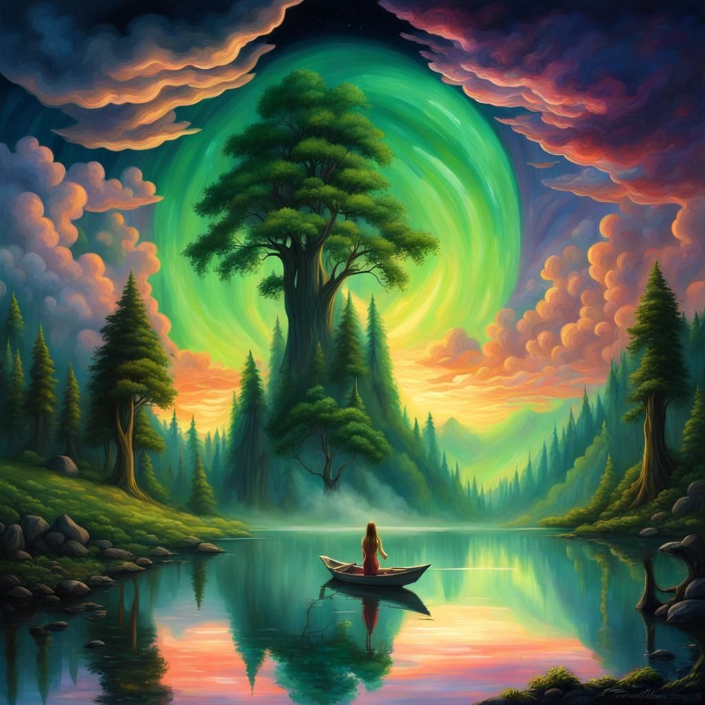 Dreamy Elf Reflection in Forest Lake at Night