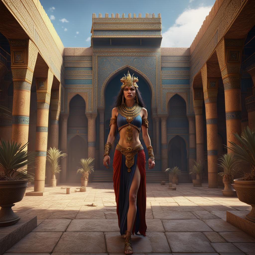 Ishtar in Palace Courtyard: Detailed Matte Painting