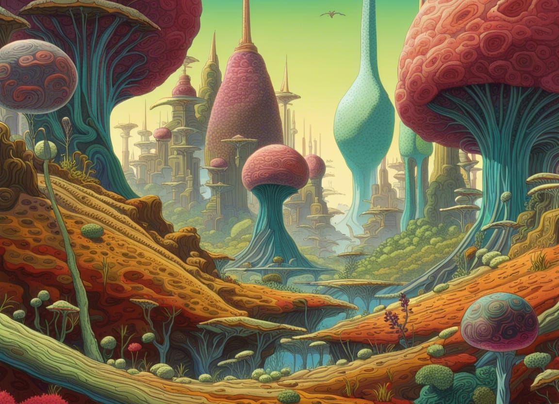 Surreal Biological Alien World in Rick and Morty Style