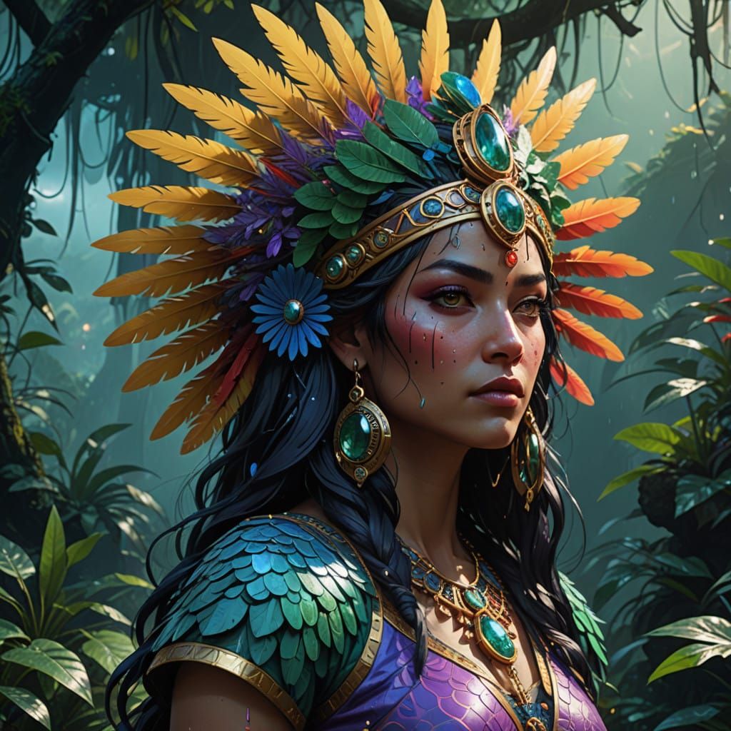 Sacred Jungle Priestess in Vibrant Headdress