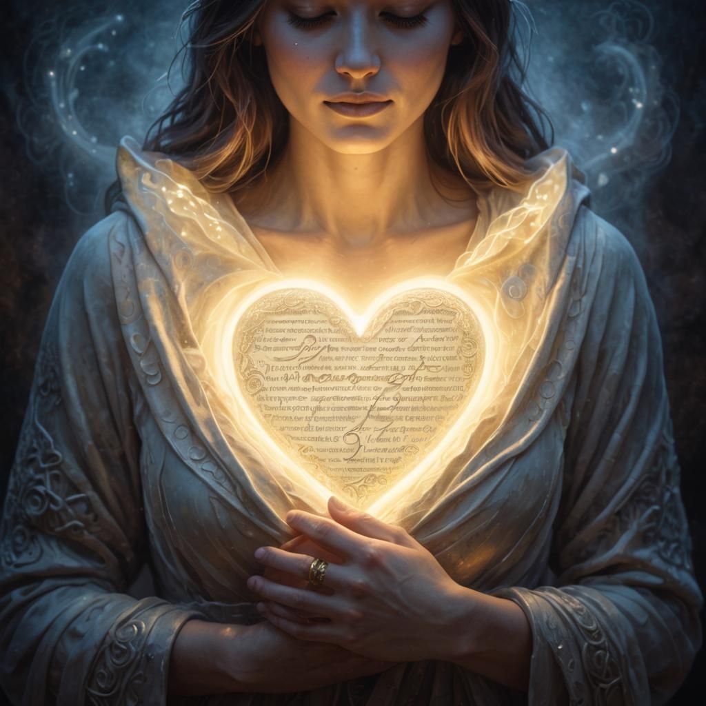 Ethereal Heart Sculpture with Ancient Script