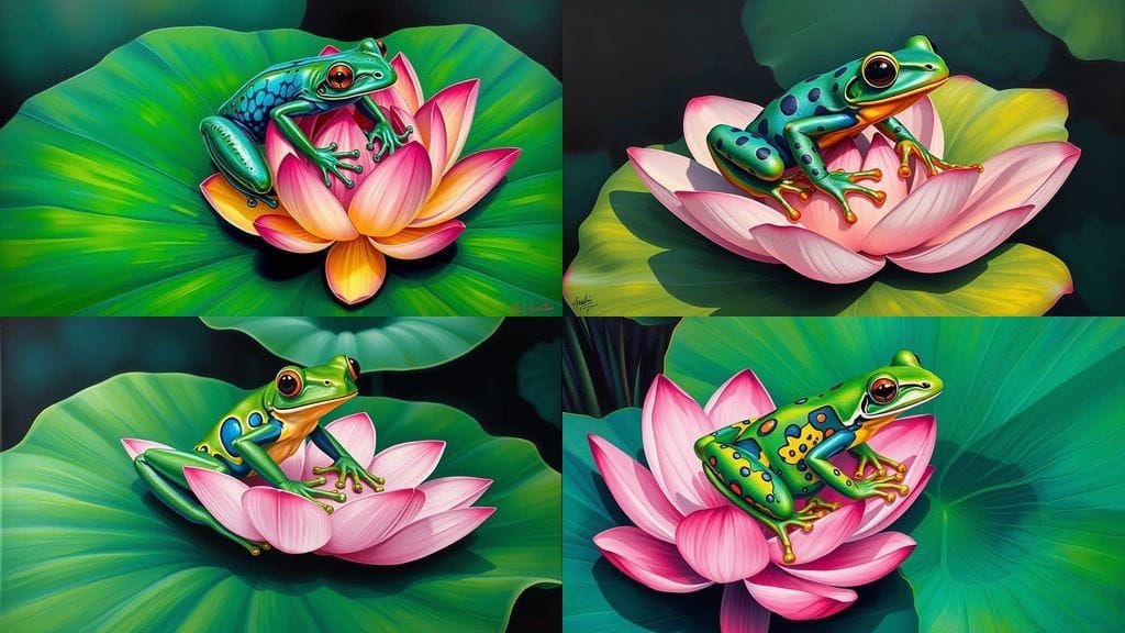Vibrant Tropical Scene with Poison Dart Frog and Lotus Flowe...