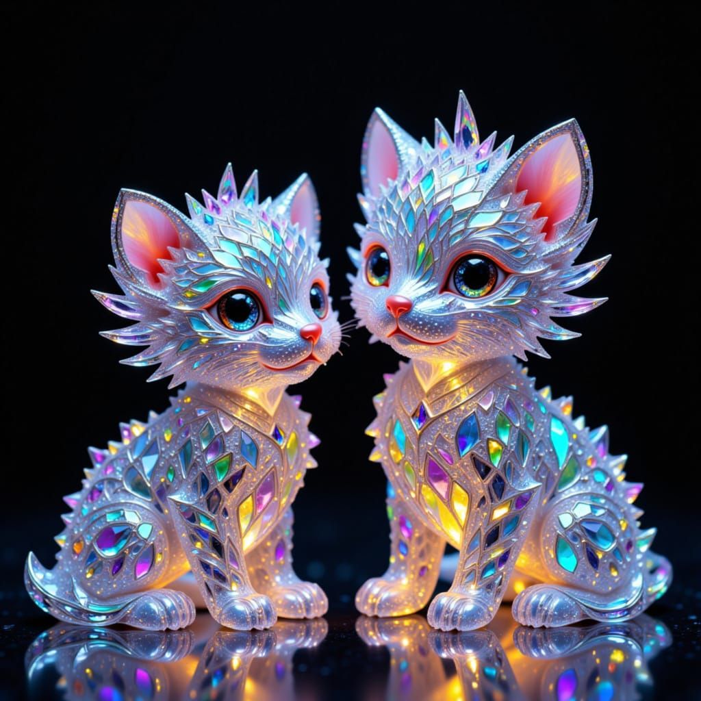 Gem-Glass Kitten and Puppy with Crystal Armor