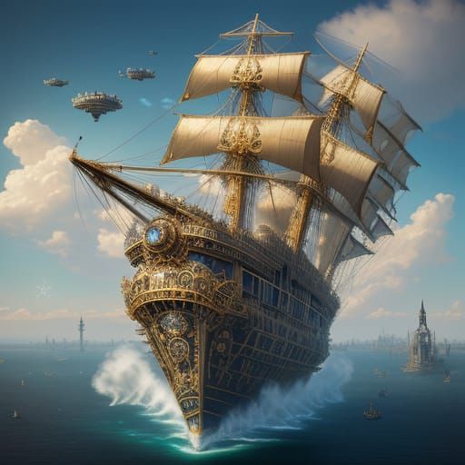 Steampunk Airship Over Floating Victorian Islands