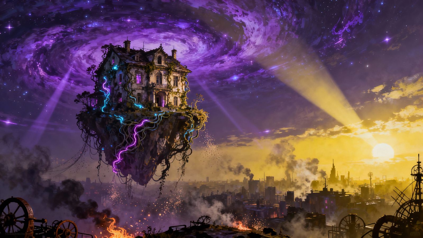 Dilapidated Villa on Floating Island in Cosmic Void