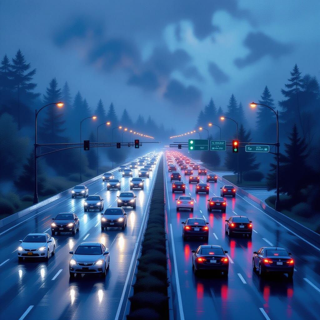 Busy Highway Traffic in Heavy Rain, Luminous Style