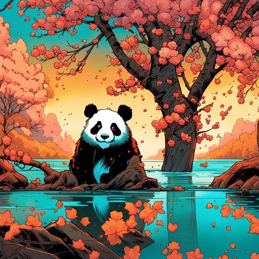 Panda Under Blossoming Tree: Comic Book Art