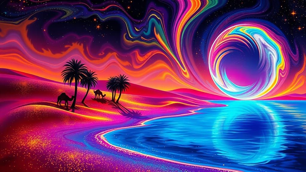 Surreal Desert Oasis with Bioluminescent Paint Swirls