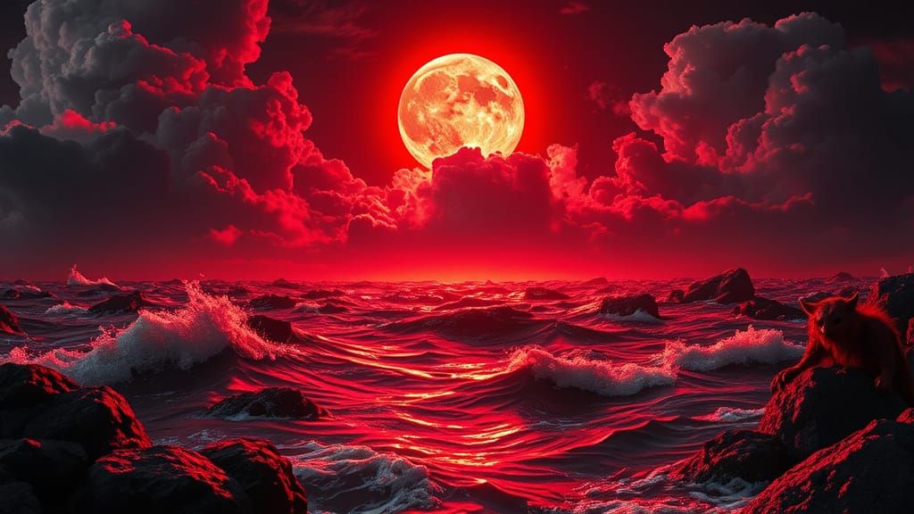 Crimson Ocean Under Fiery Sky with Fey Creatures