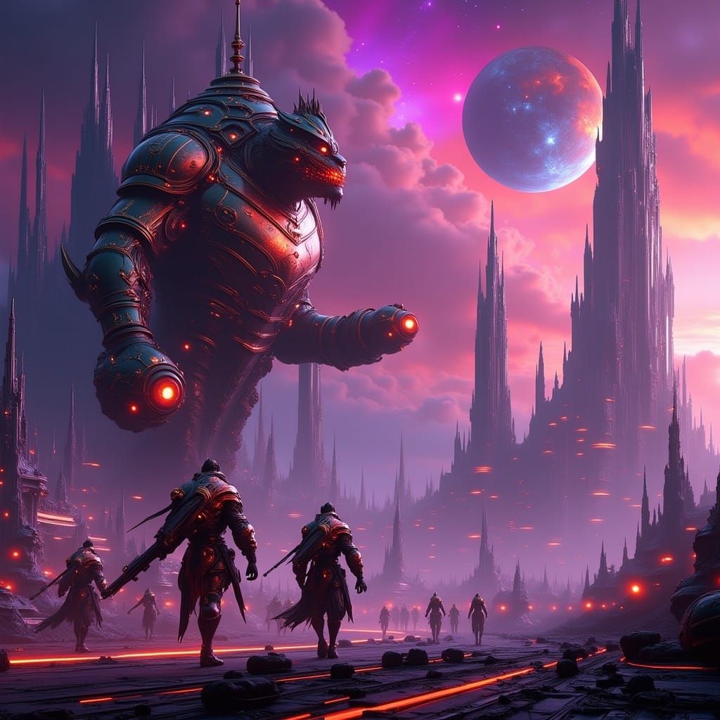 Cybernetic Warriors Battle Orcs in Futuristic Metropolis on....